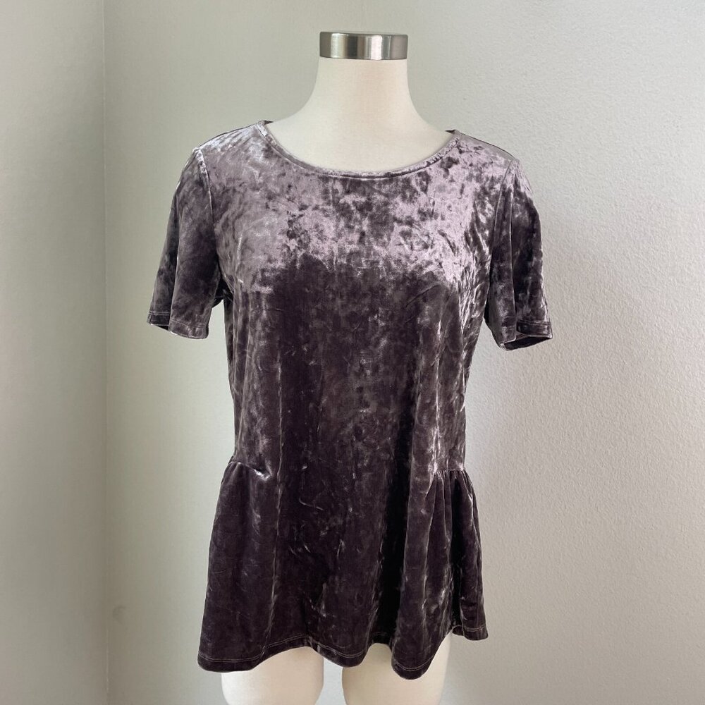 Pleione Medium Crushed Velvet Velour Knit Top Gray Tie Back Shirt Short‎ Sleeve